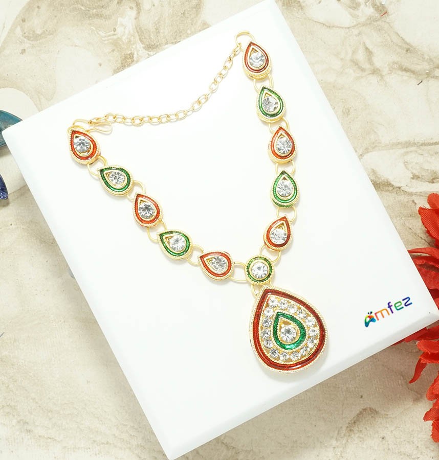 Golden Red & Green Heavy Stone Work Necklace ( 4.5 Inch )