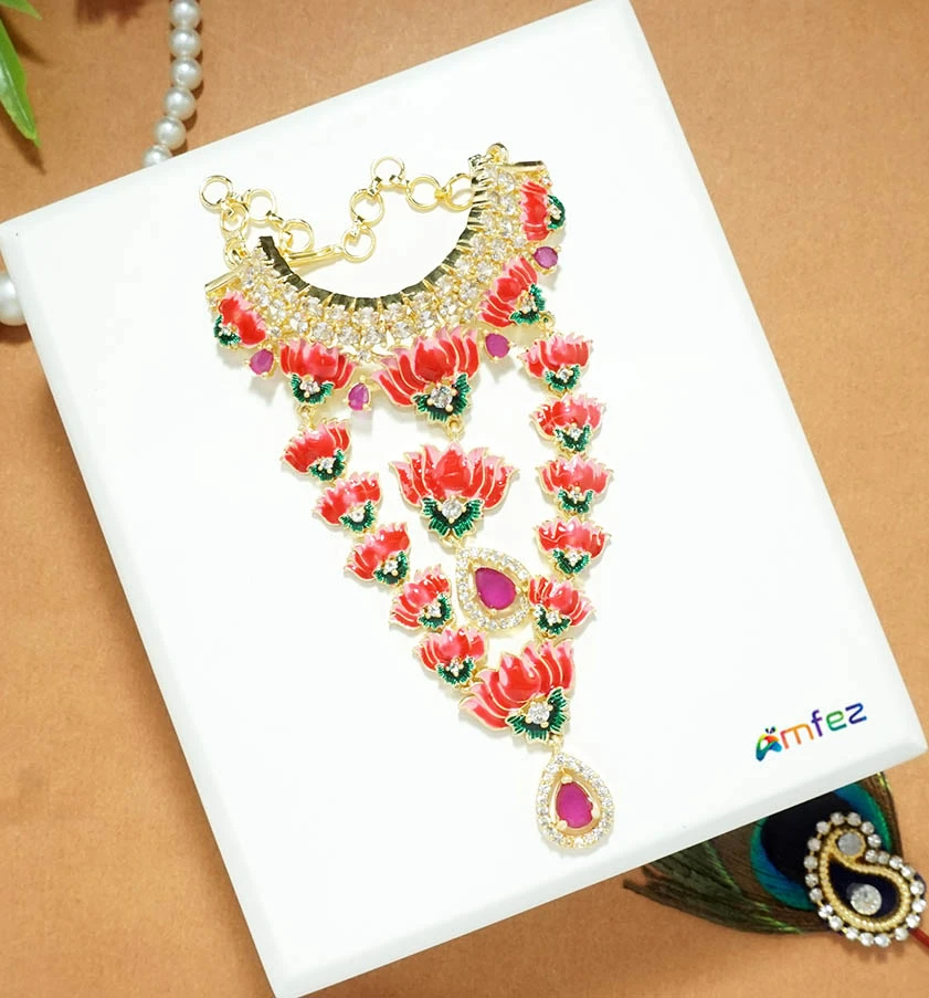 Beautiful Pink AD Stone Meena Work Heavy Lotus Necklace