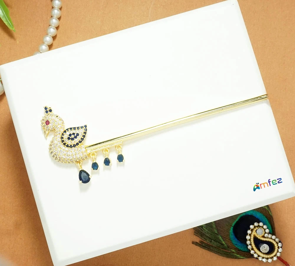 Golden Blue AD Stone Work Peacock Flute ( 5 Inch )