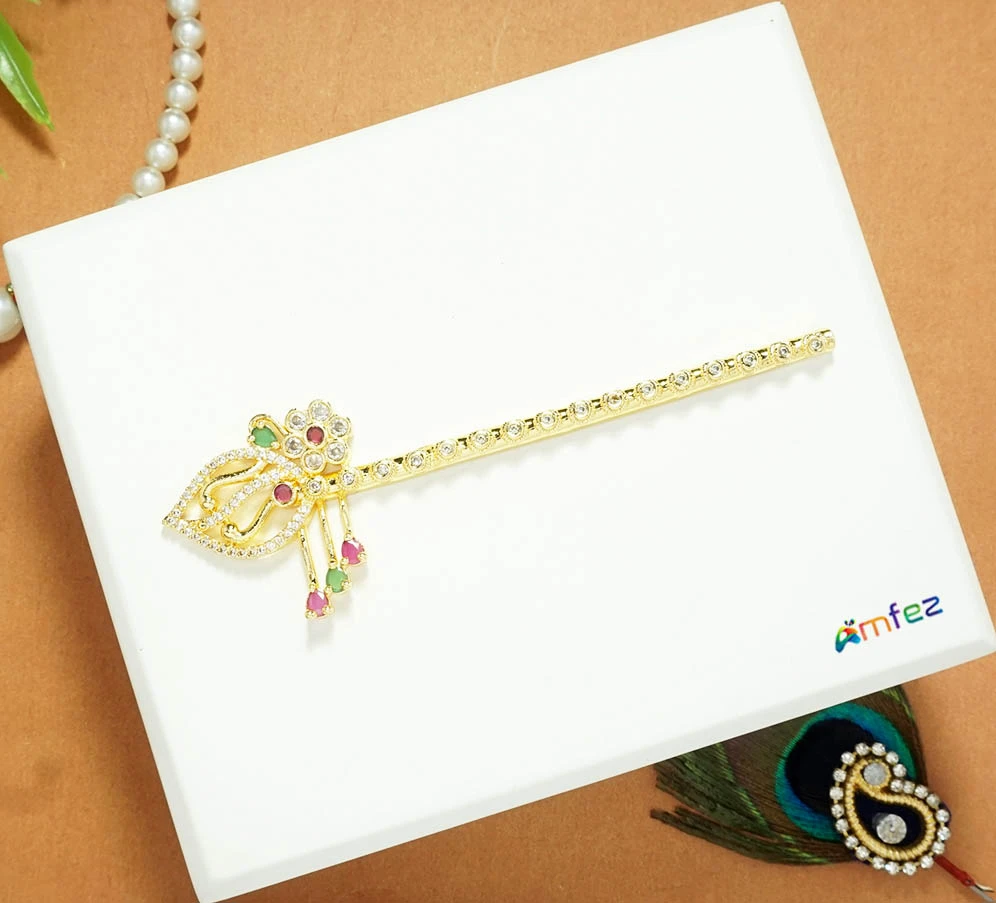 Beautiful Golden Red Green AD Stone Work Flute ( 4 Inch )