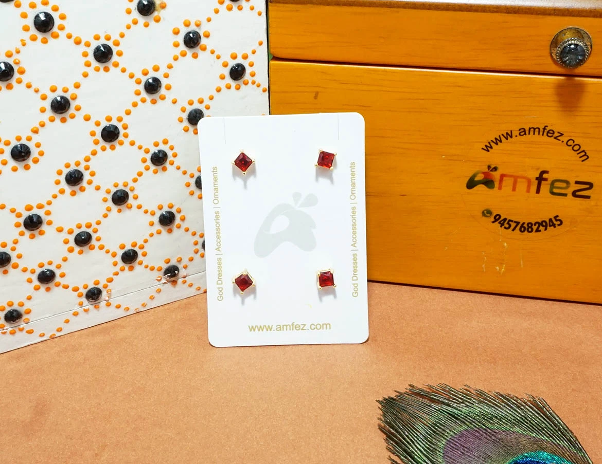 A Pair of Two Red AD Stone Stud Ear Rings ( Medium )