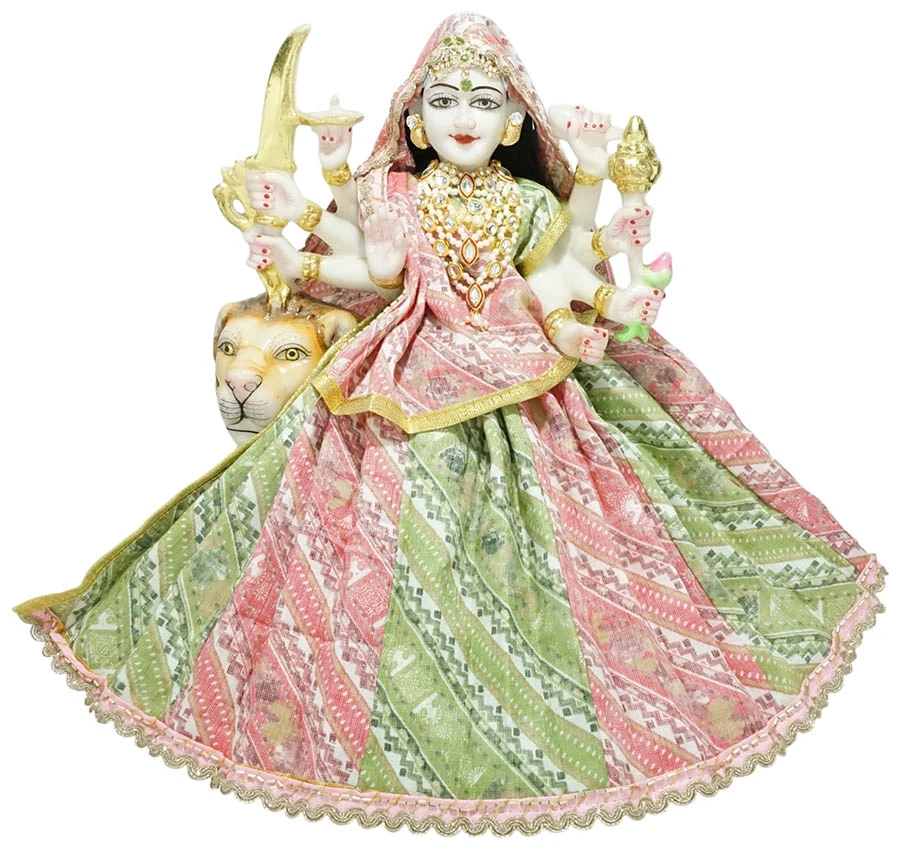Amfez Pink & Green Printed Cotton Lace Work Durga Ji Dress