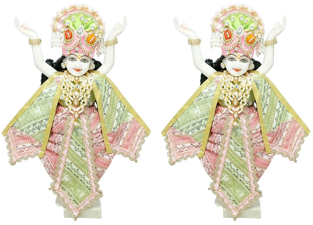 Amfez Pink & Green Printed Cotton Lace Work Gaur Nitai Dress