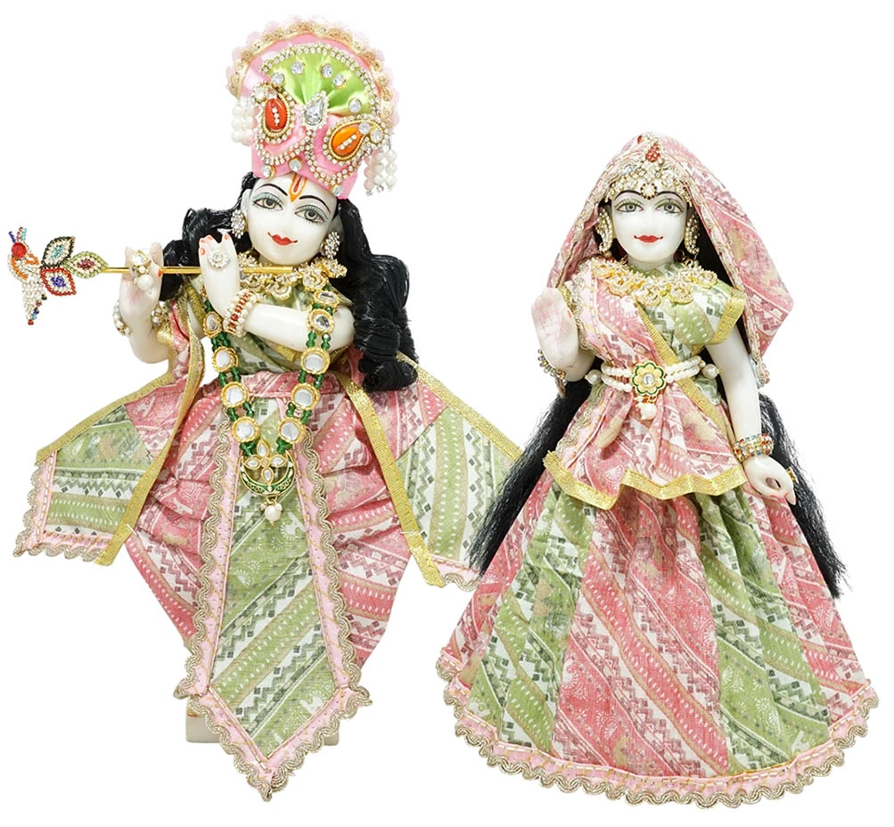 Amfez Radha Krishna Pink Green Printed Cotton Lace Work Dress