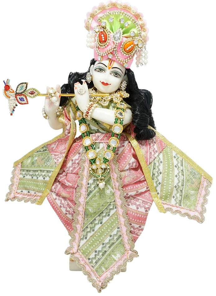 Amfez Pink & Green Cotton Printed Lace Work Krishna Ji Dress