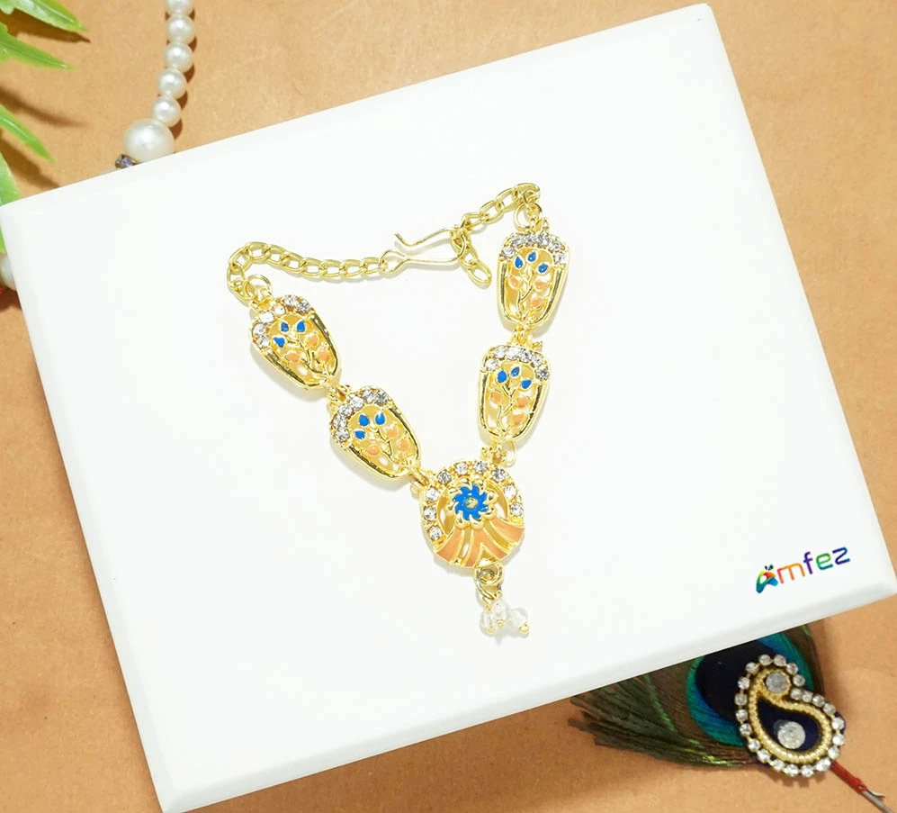 Golden Peach & Blue AD Stone Meena Work Necklace ( 2.5 Inch )