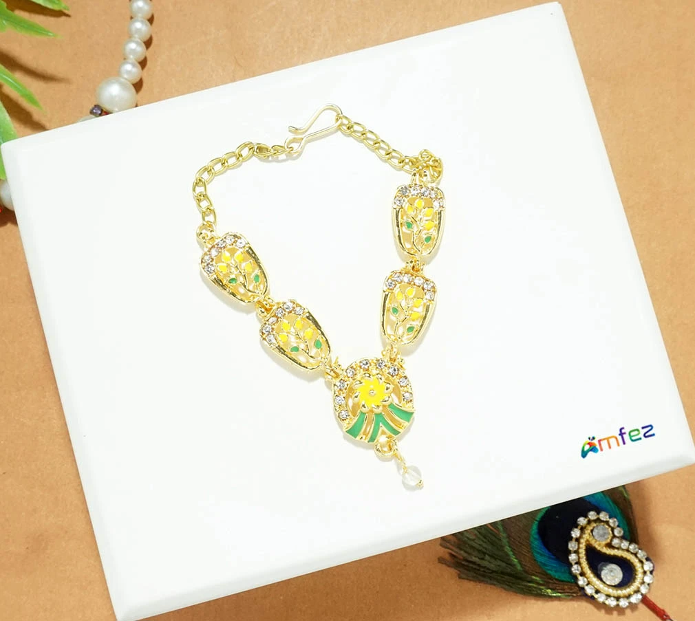 Golden Yellow & Green AD Stone Meena Work Necklace ( 2.5 Inch )