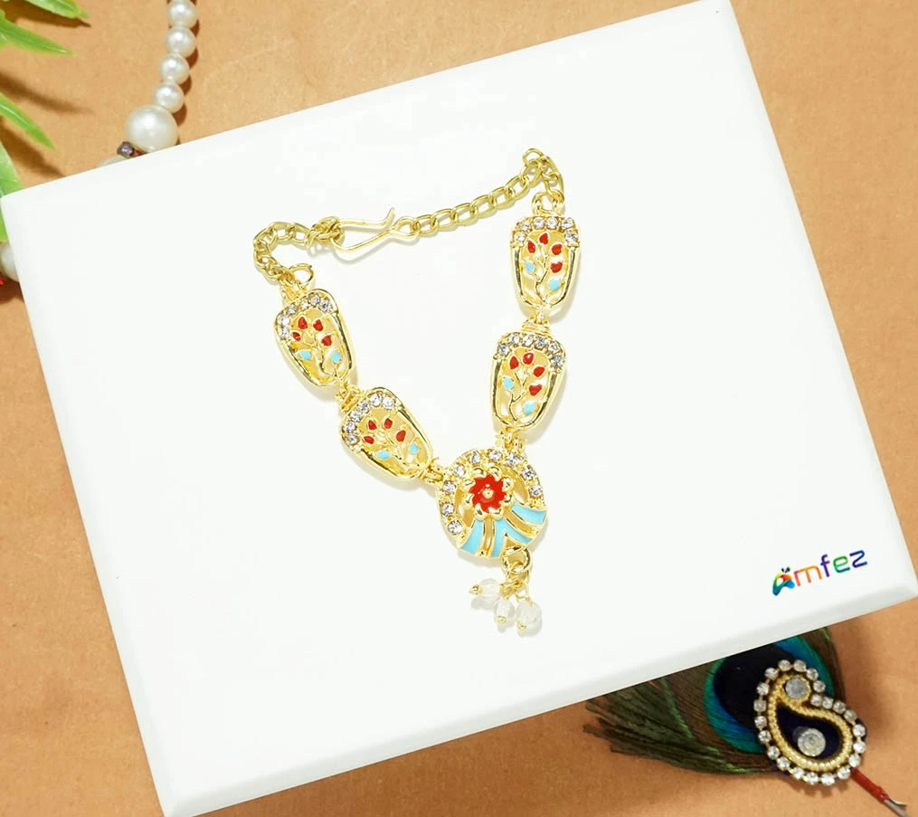 Golden Blue & Red AD Stone Meena Work Necklace ( 2.5 Inch )