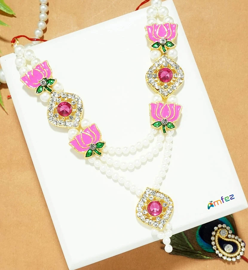 Pink Lotus Stone Pearl Beads Work Work Necklace ( 5.5 Inch )