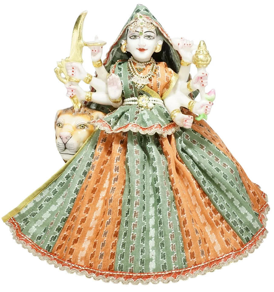 Amfez Orange & Green Printed Cotton Lace Work Durga Ji Dress