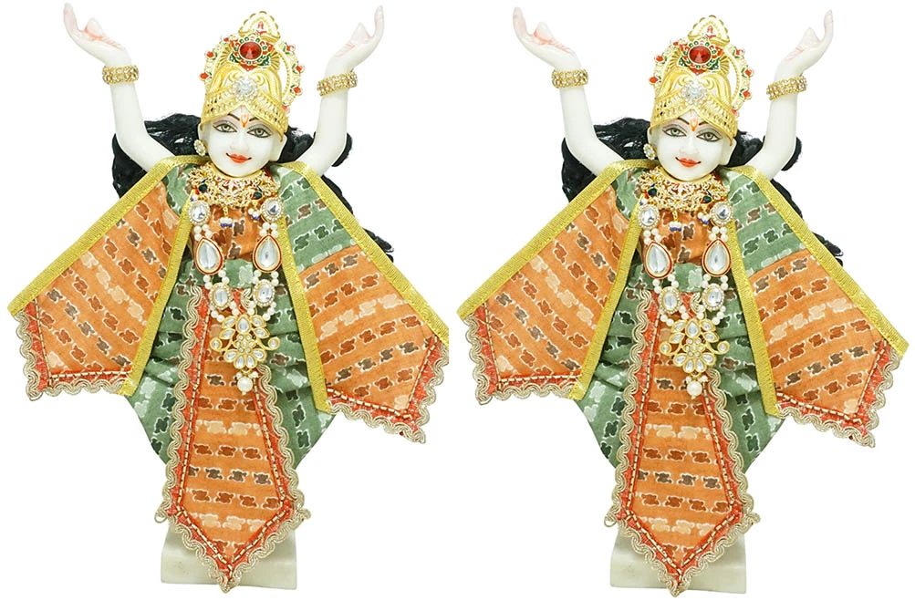 Amfez Orange & Green Printed Cotton Lace Work Gaur Nitai Dress