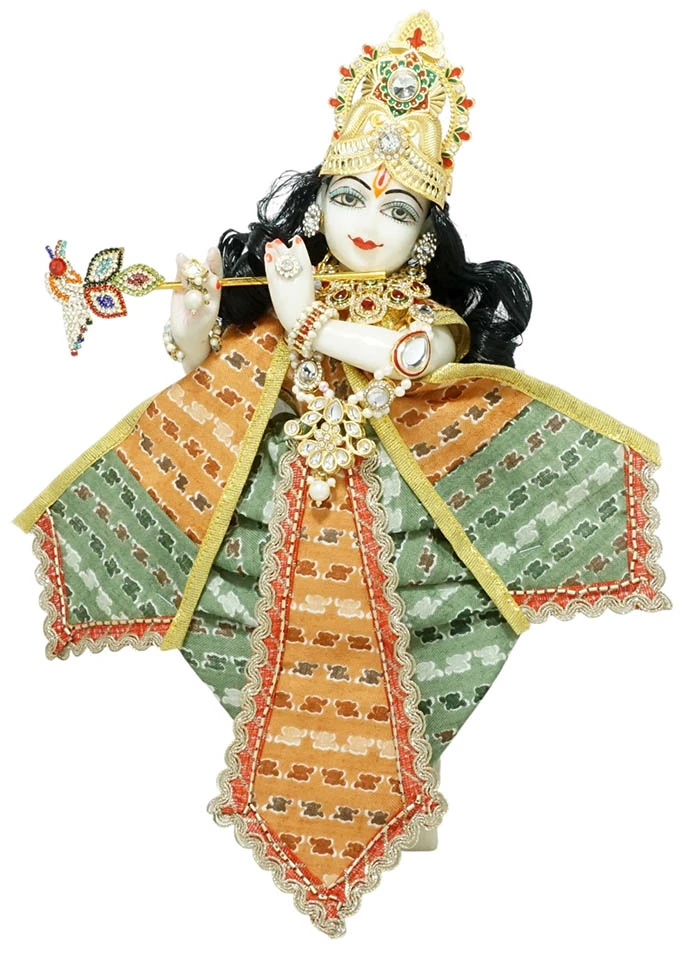 Amfez Orange & Green Cotton Printed Lace Work Krishna Ji Dress