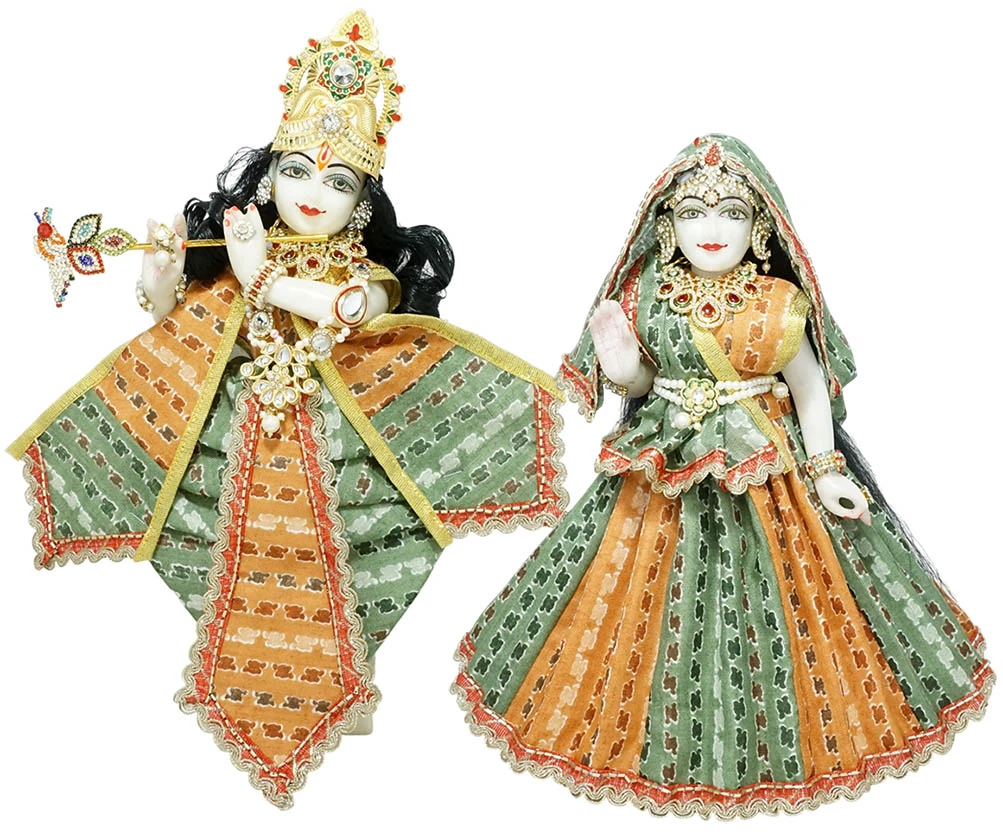 Amfez Radha Krishna Orange Green Printed Cotton Lace Work Dress