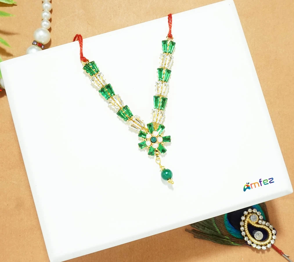 Elegant Green AD Stone Beads Work Necklace ( 2 & 2.5 Inch )