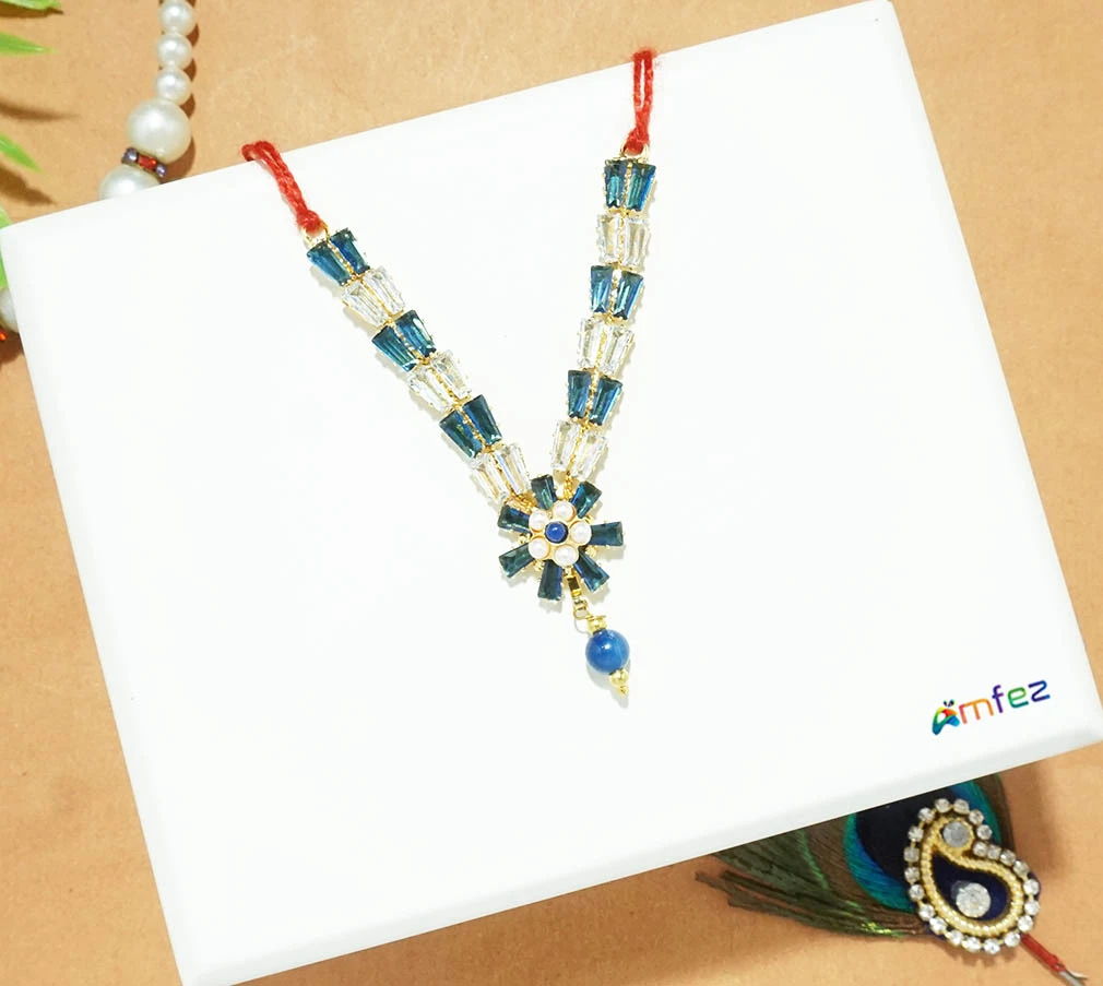 Elegant Blue AD Stone Beads Work Necklace ( 2 & 2.5 Inch )