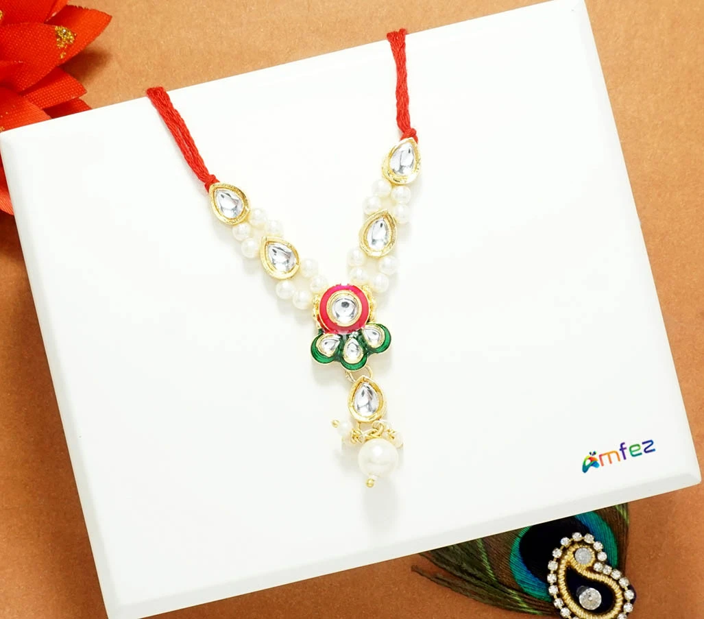 Pink Green Kundan Pearl Beads Work Mala ( 2.5 Inch )
