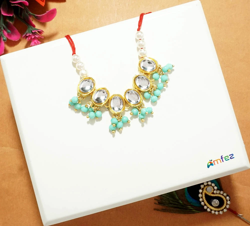 Beautiful Sea Green Kundan Beads Work Necklace ( Large)