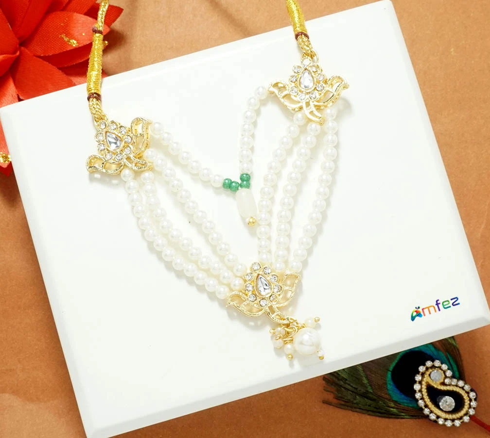 Beautiful White Kundan Pearl Beads Work Necklace / Mala