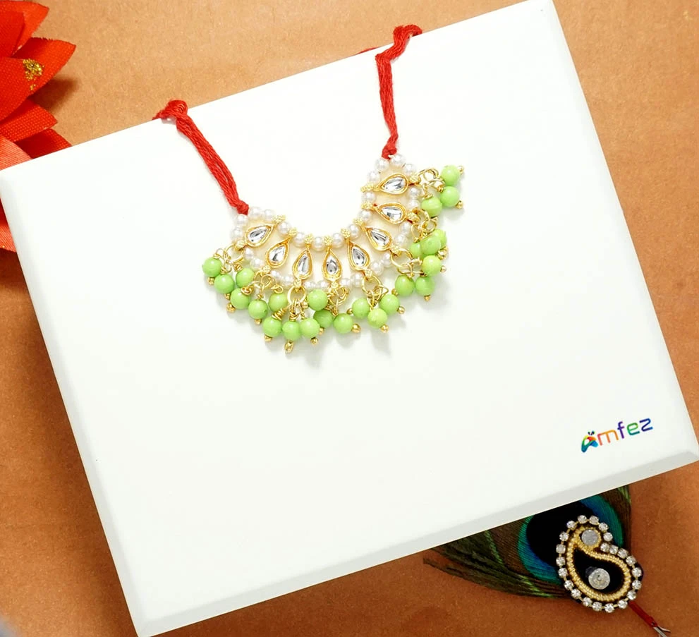 Beautiful Parrot Green Kundan Beads Work Necklace ( Medium )