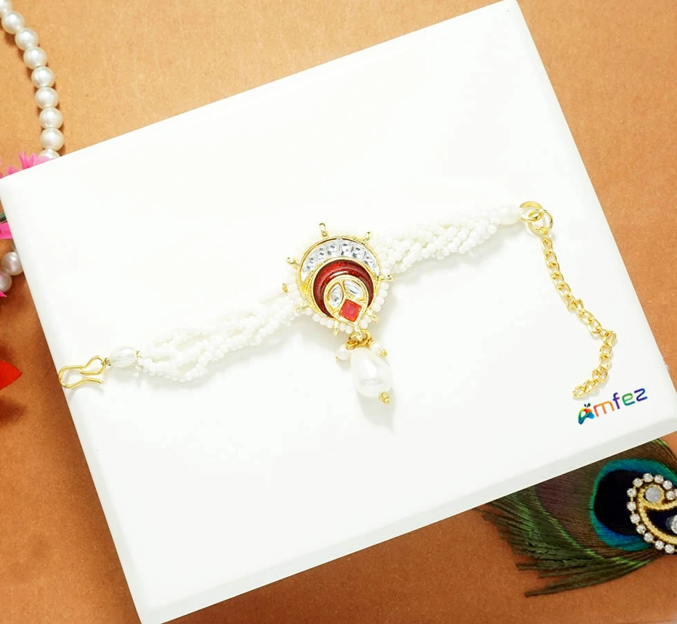 Designer Red White Pearl Kundan Beads Belt