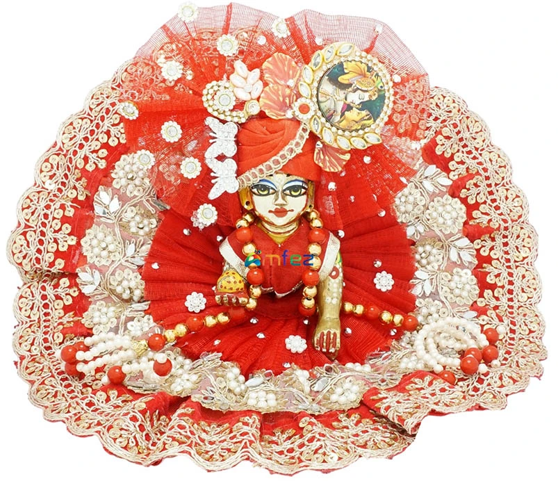Beautiful Red Mirror Embroidery Lace Work Laddu Gopal Dress