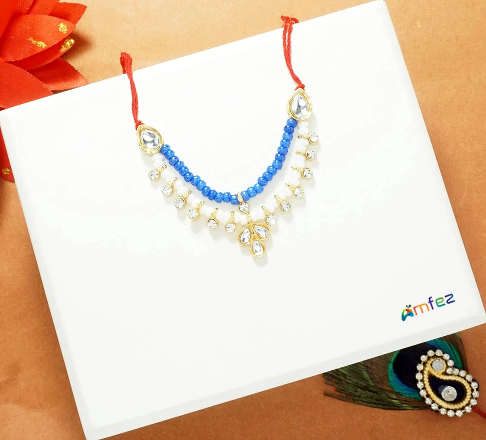 Blue Stone Pearl Beads Work Necklace / Mala ( 2 Inch )
