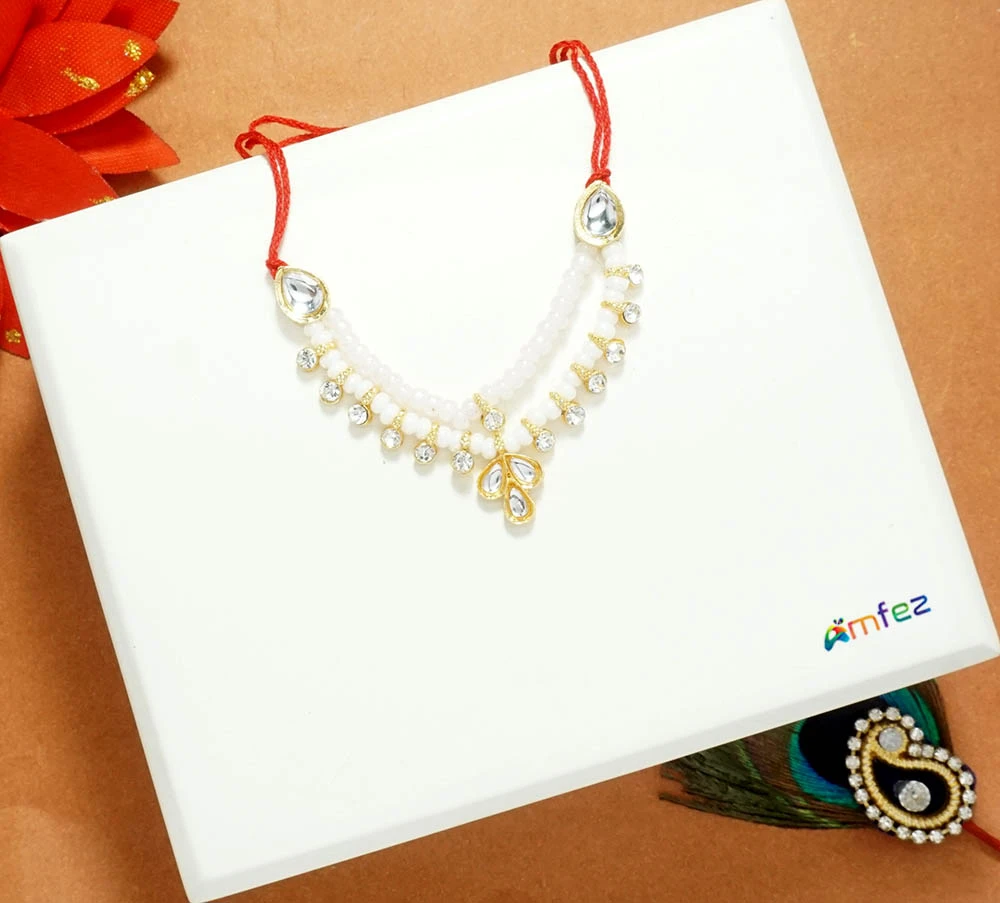 White Pink Stone Pearl Beads Work Necklace / Mala ( 2 Inch )