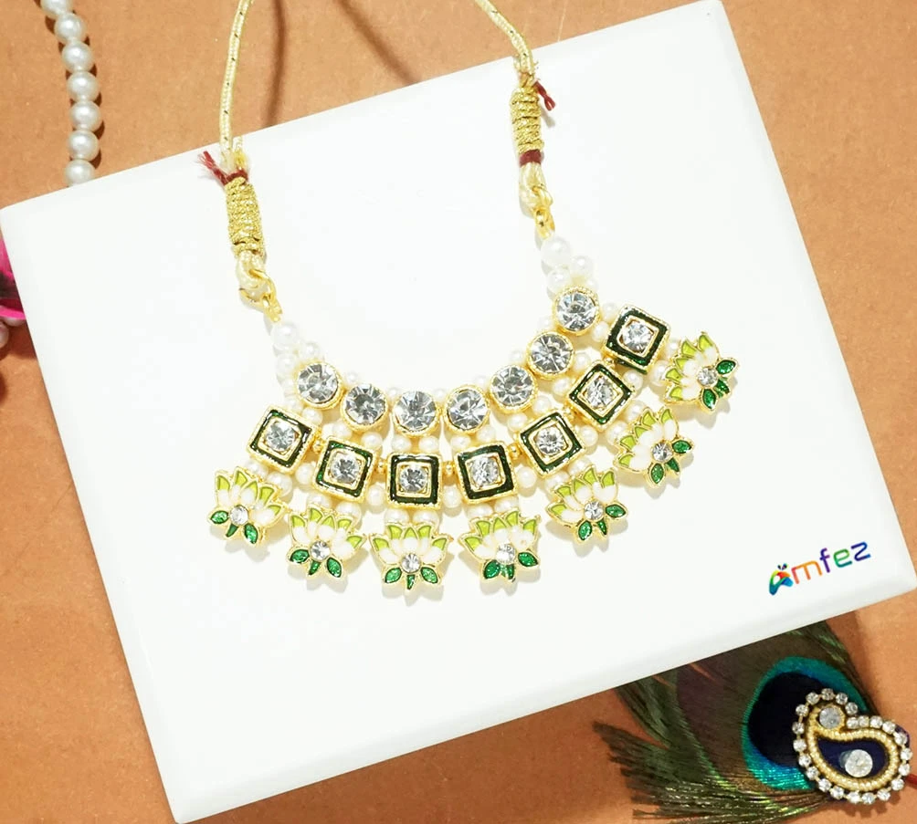 Green Stone Meena Pearl Beads Work Necklace / Mala ( X-Large )