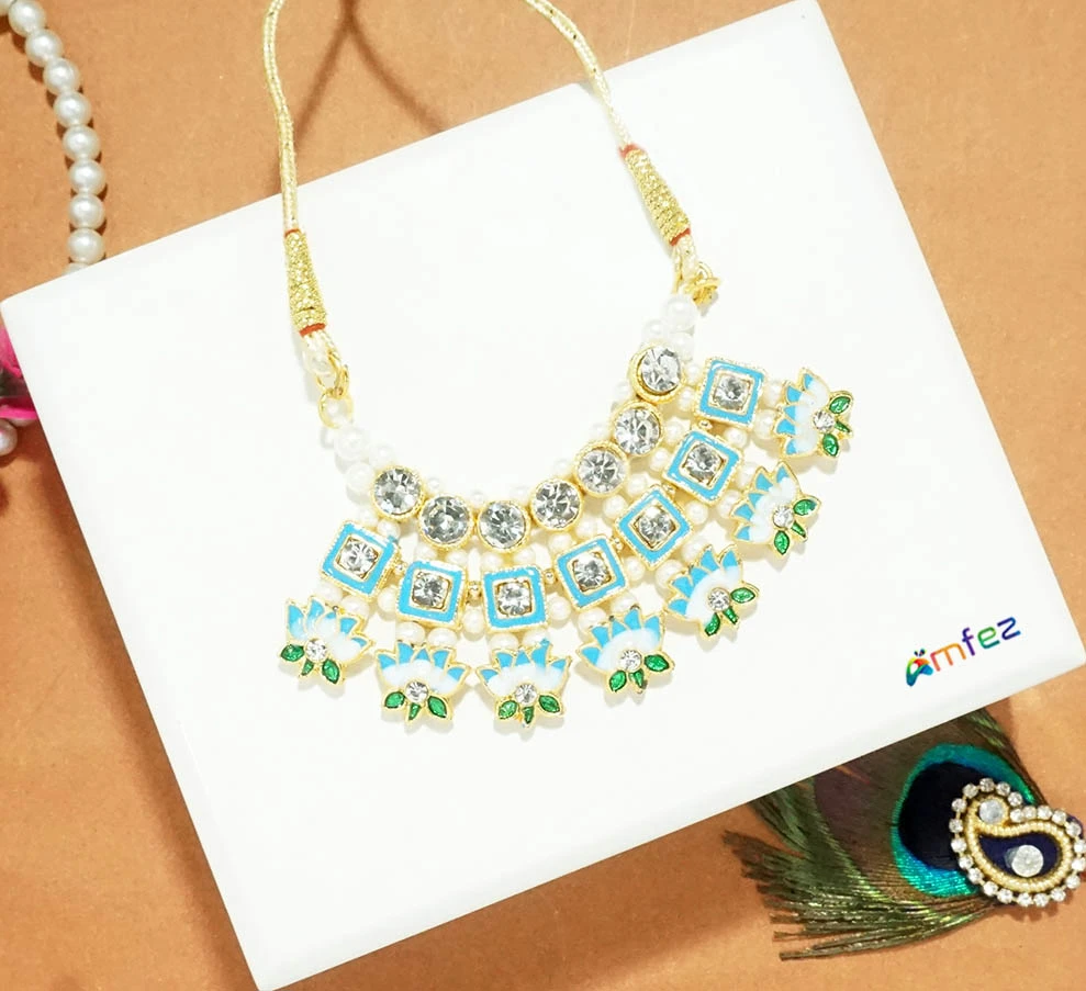 SkyBlue Stone Meena Pearl Beads Work Necklace / Mala ( X-Large )