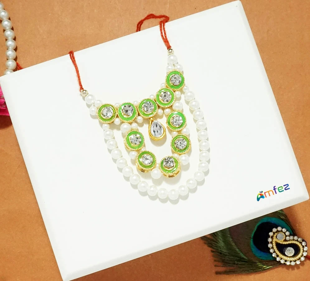 ParrotGreen White Stone Pearl Work Necklace / Mala ( 2.5 Inch )
