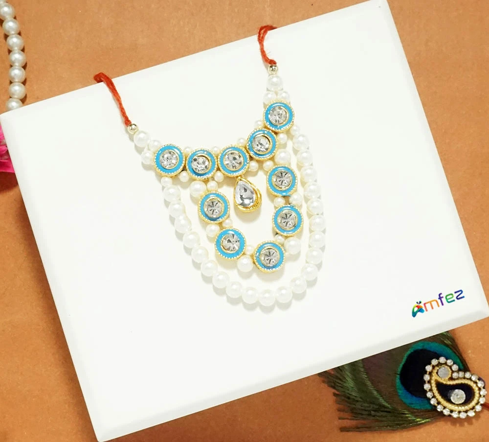 Sky Blue White Stone Pearl Work Necklace / Mala ( 2.5 Inch )