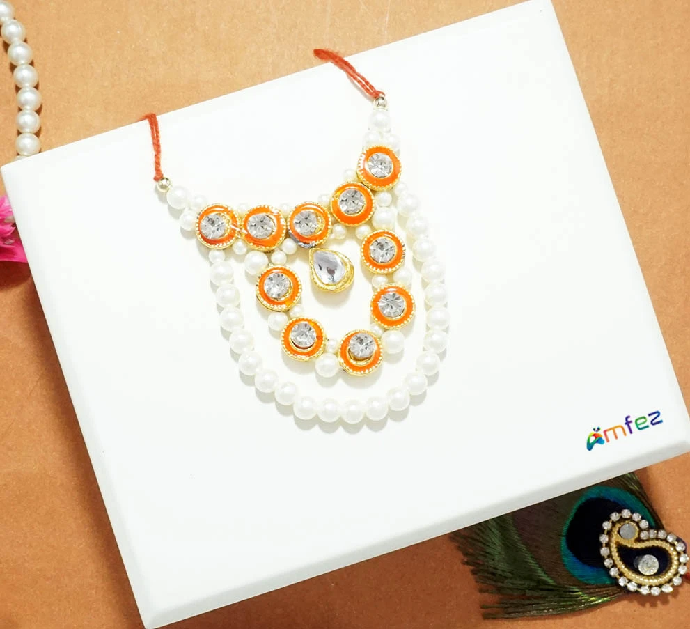 Orange White Stone Pearl Work Necklace / Mala ( 2.5 Inch )