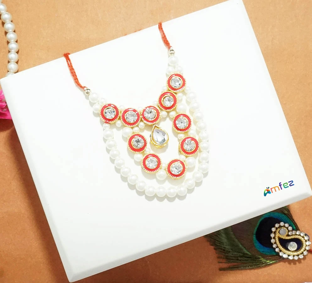 Red White Stone Pearl Work Necklace / Mala ( 2.5 Inch )