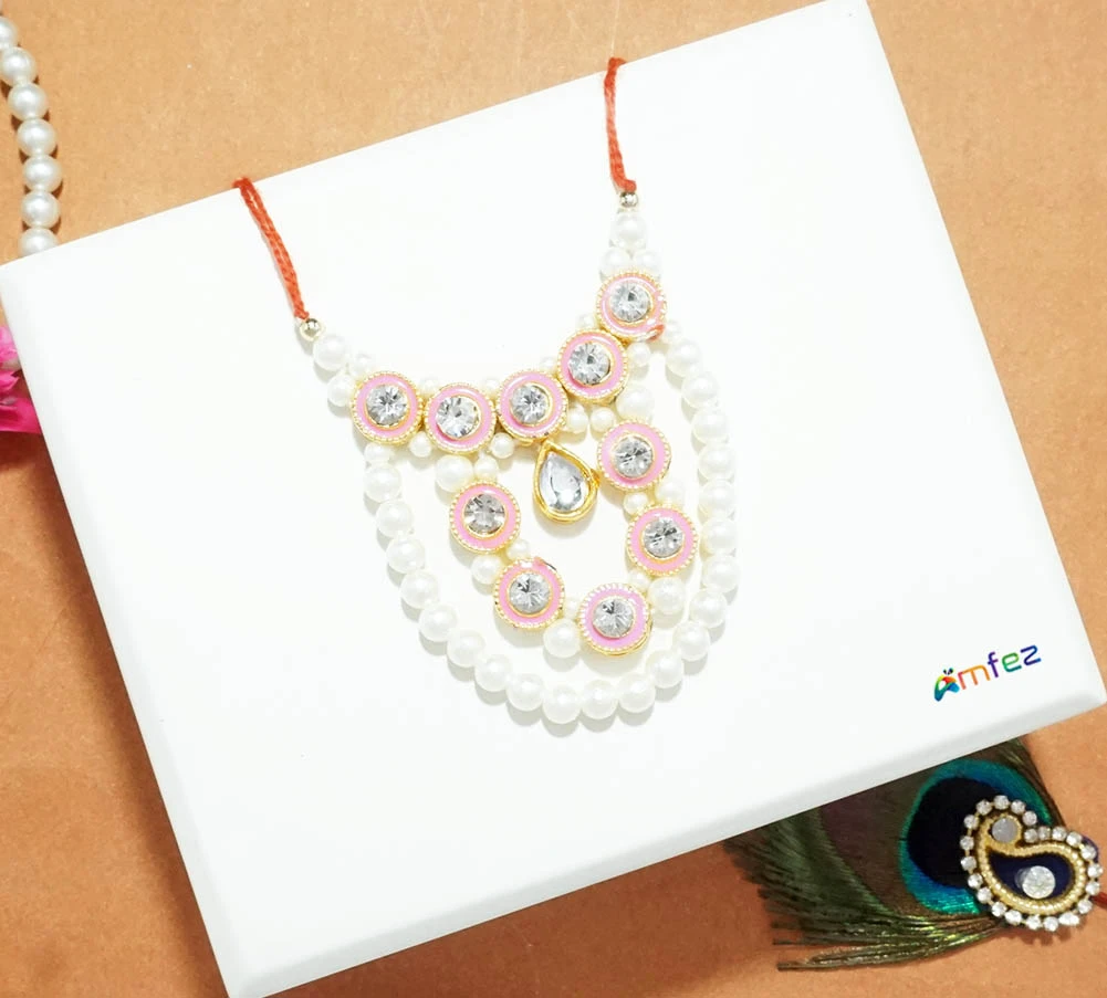Pink White Stone Pearl Work Necklace / Mala ( 2.5 Inch )