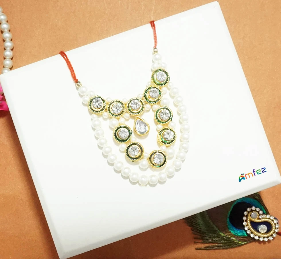 Green White Stone Pearl Work Necklace / Mala ( 2.5 Inch )