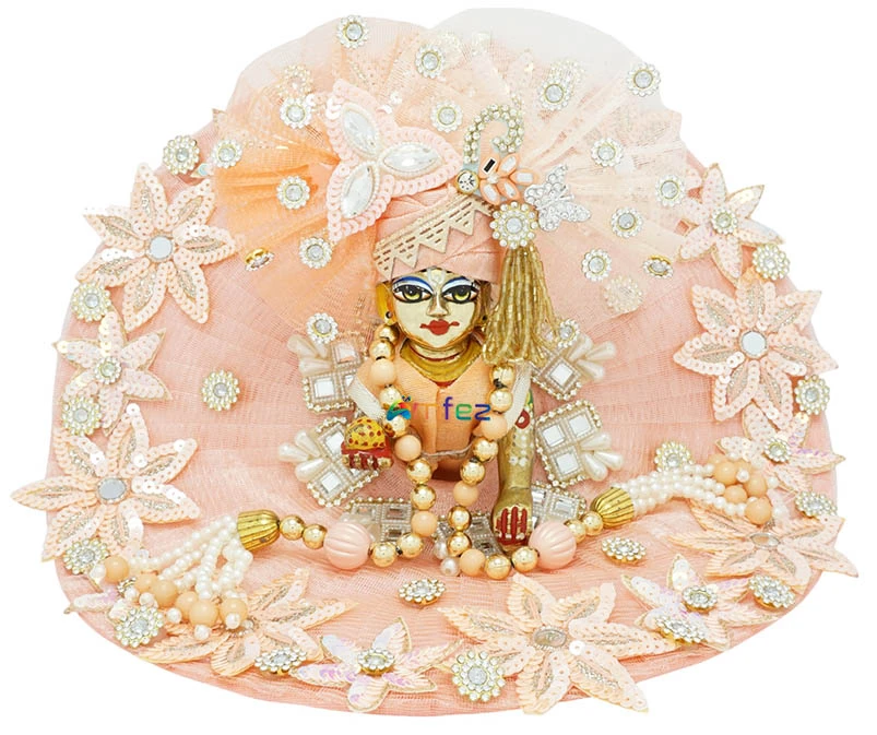 Designer Peach Hand Embroidery Sequence Patch Stone Work Laddu Gopal Dress