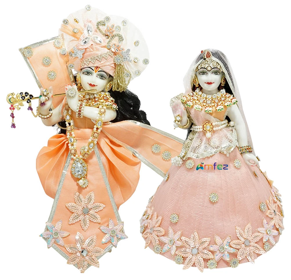 Beautiful Peach Hand Embroidery Patch Work Radha Krishna Dress