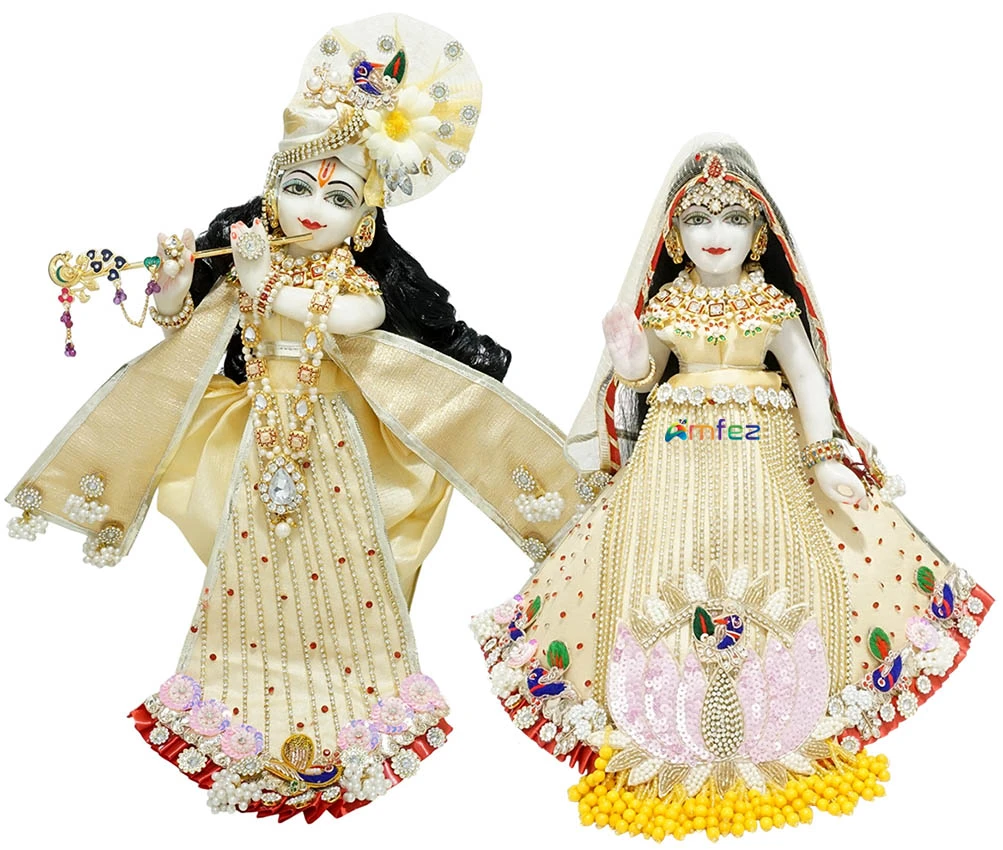 Designer Golden Hand Embroidery Patch Stone Work Radha Krishna Dress
