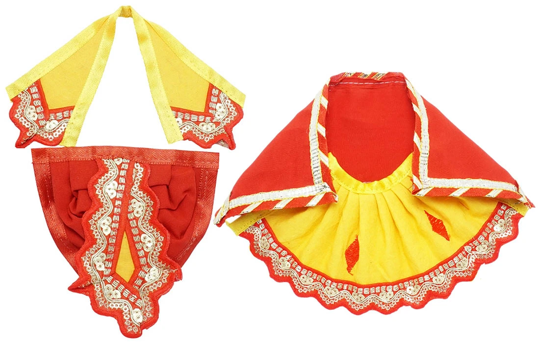 Amfez Red Yellow Lace Work Cotton Laxmi Ganesh Dress