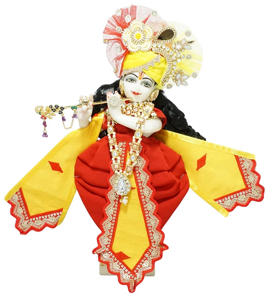 Amfez Red Yellow Lace Work Cotton Krishna Ji Dress