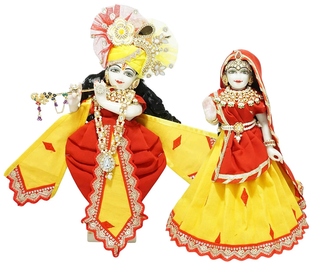 Amfez Red Yellow Lace Work Cotton Radha Krishna Dress