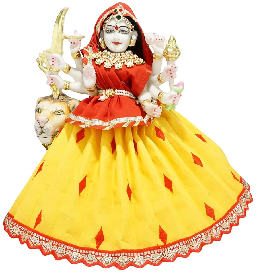 Amfez Red Yellow Lace Work Cotton Durga Ji Dress
