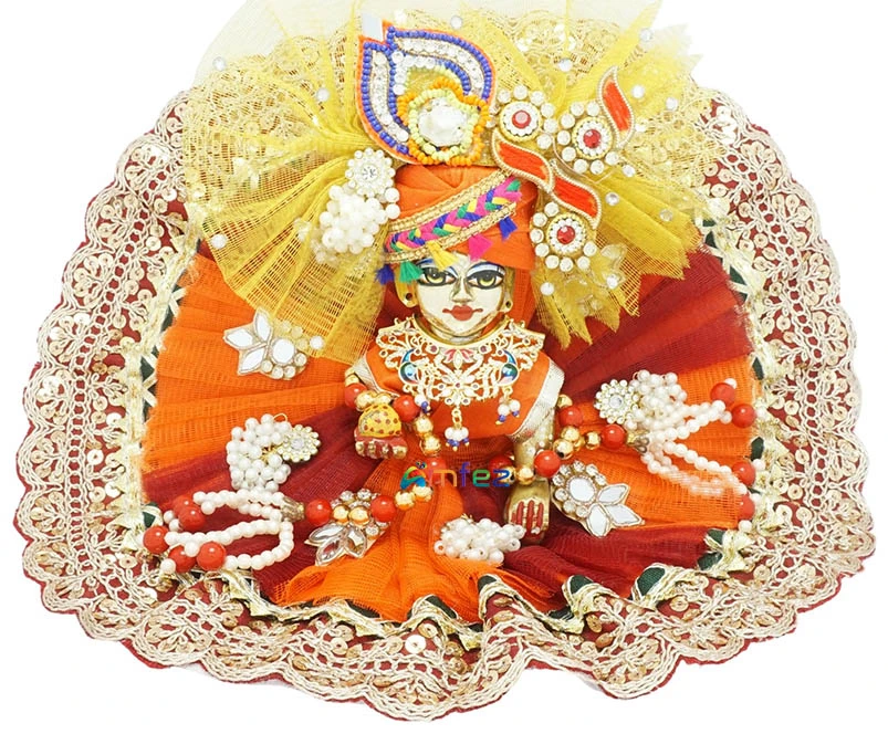 Designer Red Orange Embroidery Lace Patch Work Laddu Gopal Dress