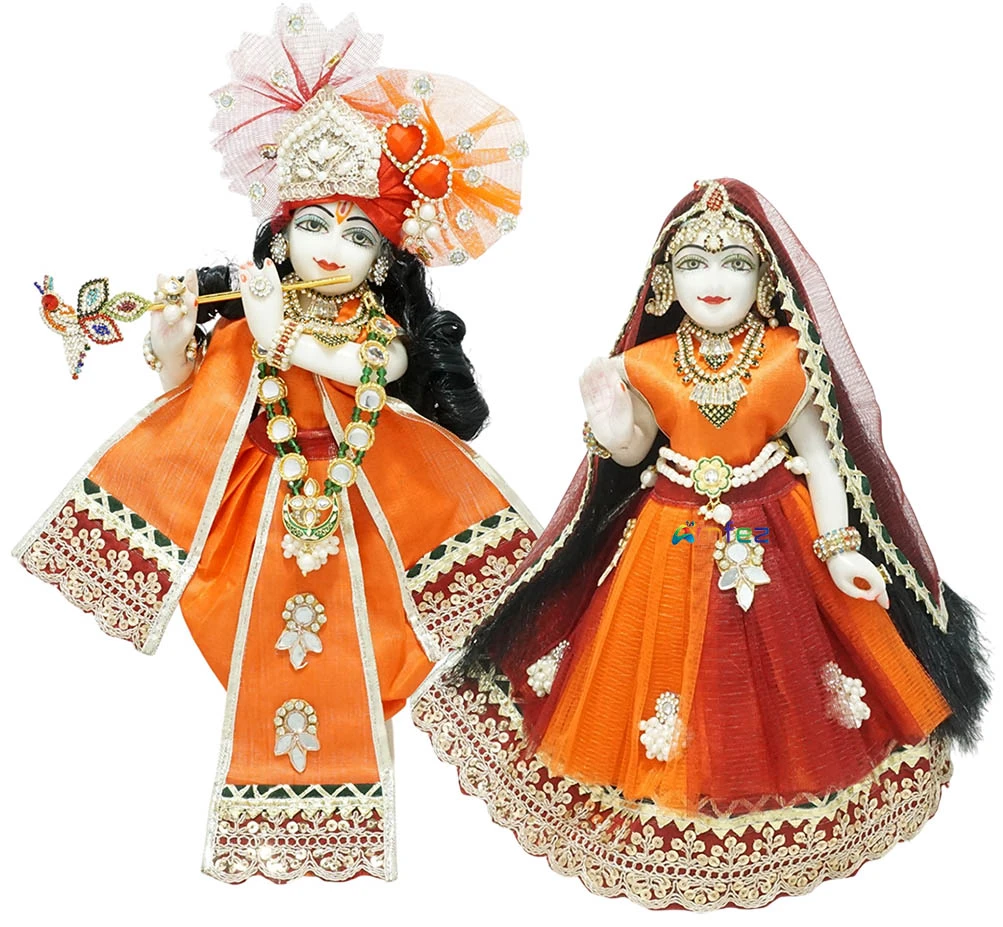 Designer Red Orange Embroidery Lace Patch Work Radha Krishna Dress