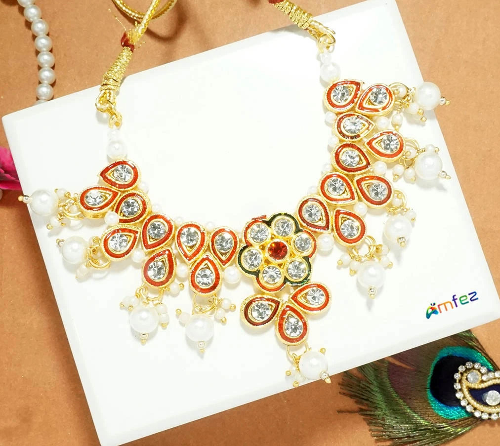 Golden Red Kundan Meena Polki Work Necklace( XX-Large )