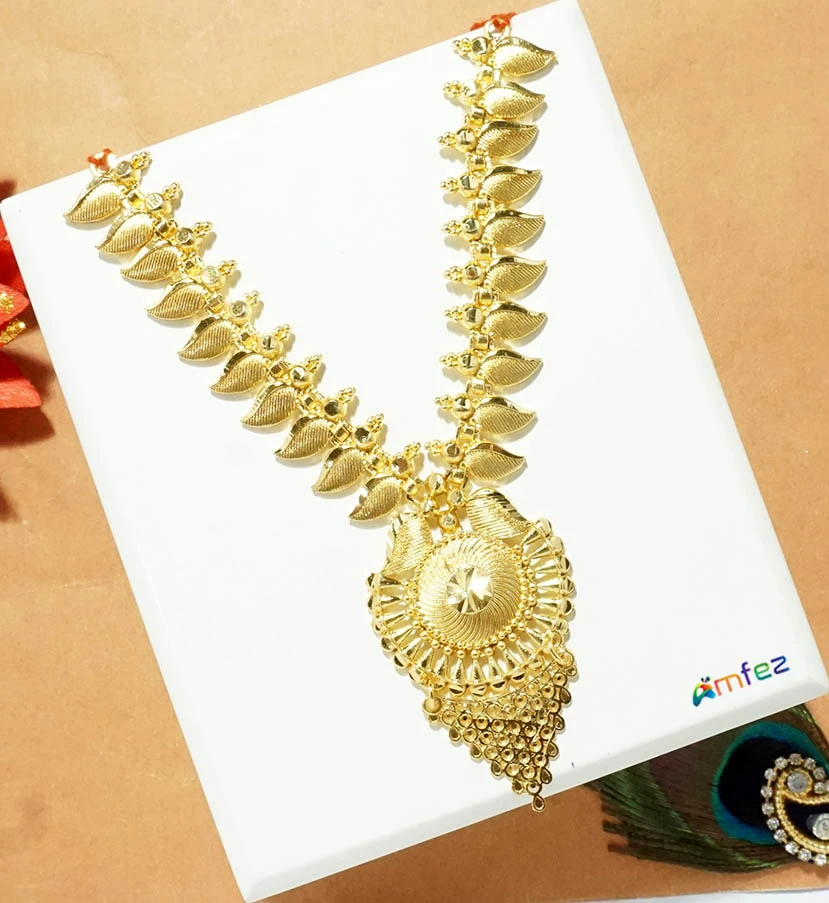 Elegant Golden Self Work Long Necklace/Mala ( 5 Inch )