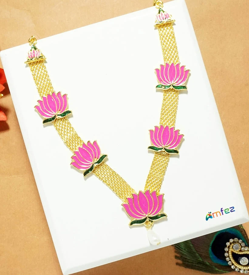 Golden Pink Lotus Meena Work Long Necklace/Mala ( 4 & 5 Inch )