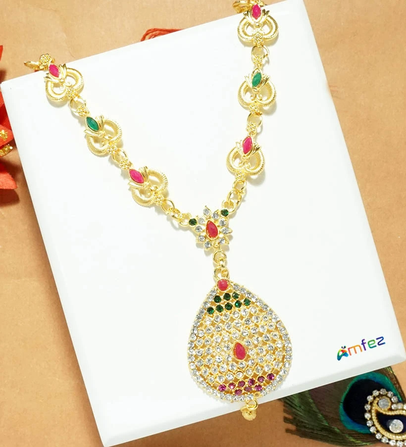 Elegant Golden Meena  Stone Work Long Necklace/Mala (6 Inch )