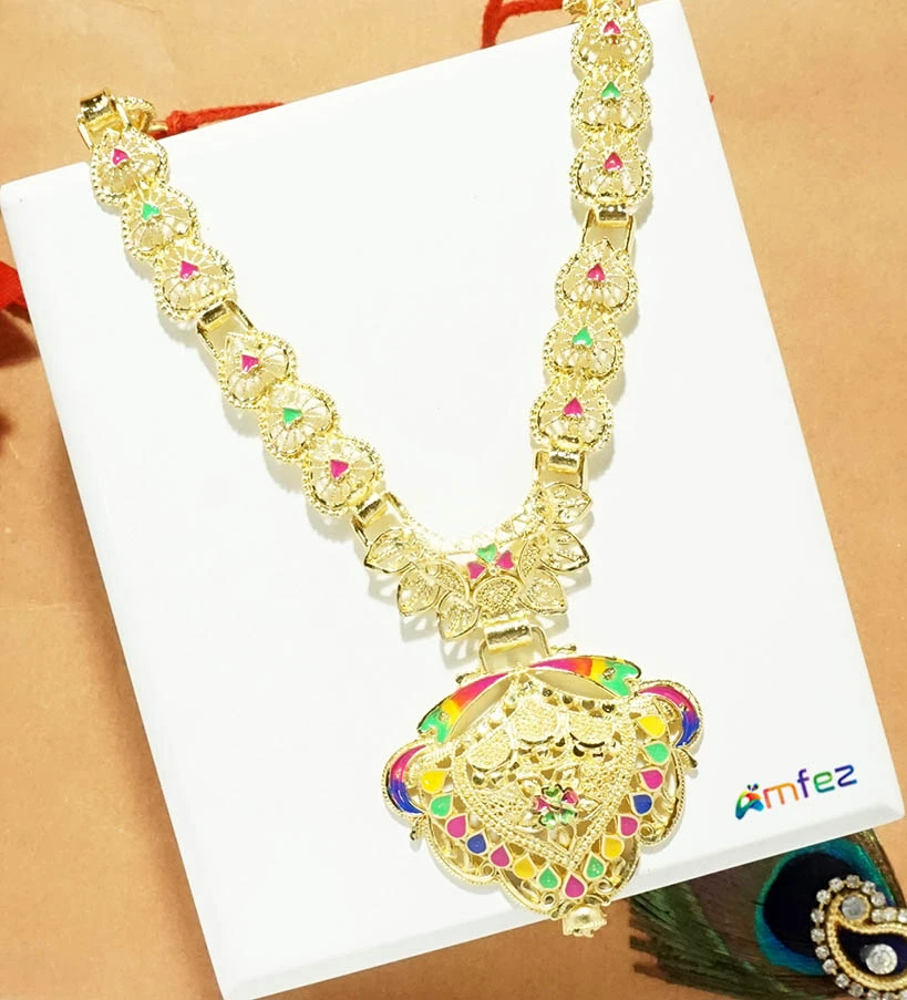 Elegant Golden Meena Work Long Necklace/Mala ( 4.5 & 9 Inch )
