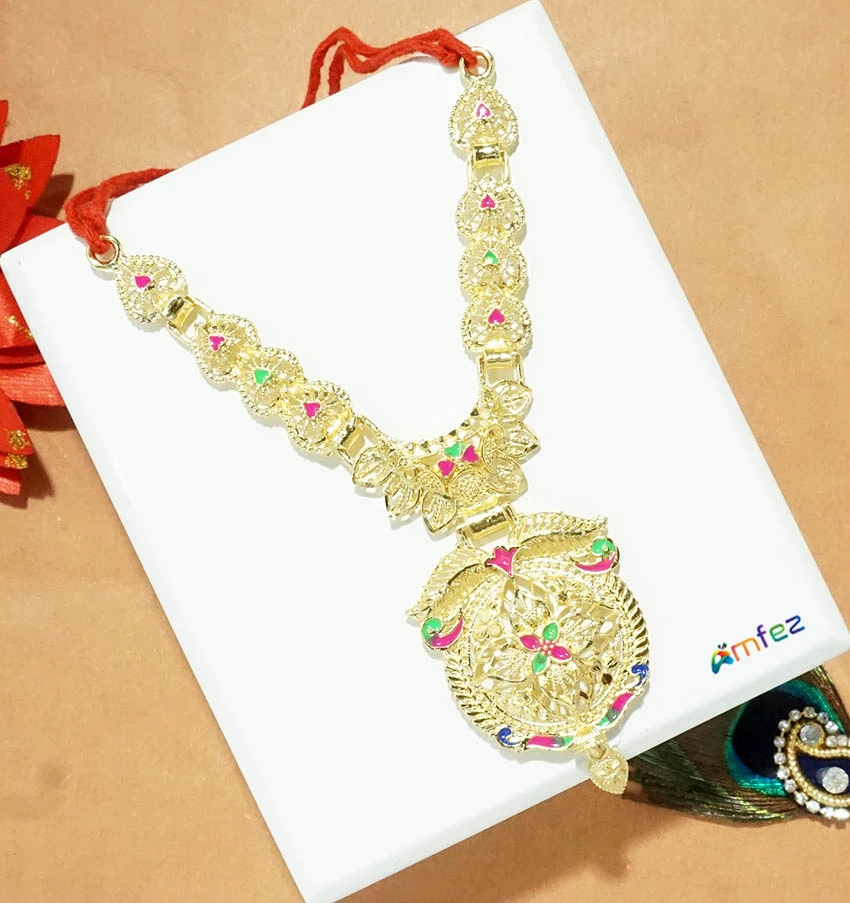 Elegant Golden Multi Meena Work Long Necklace/Mala ( 5 & 6 Inch )